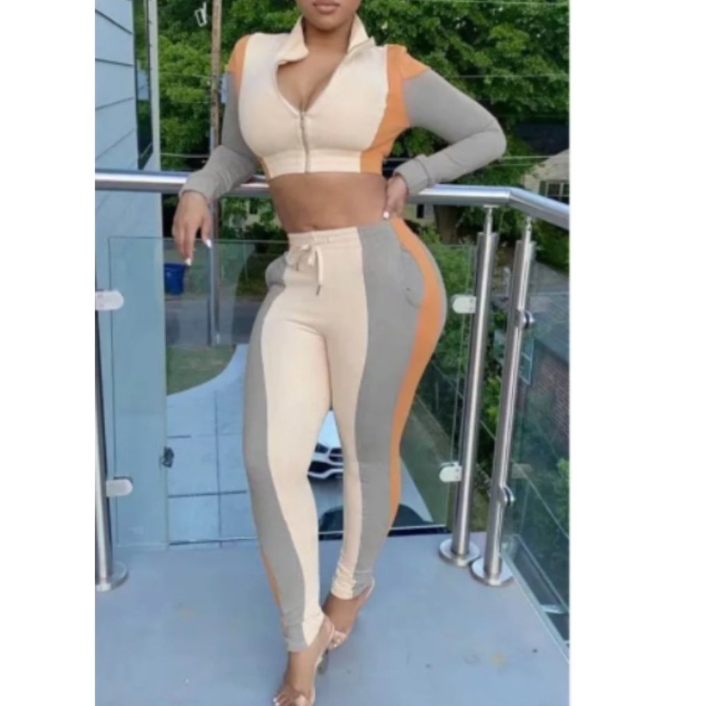 NWT Cream Orange Gray Collared Long Sleeves Cropped Top & Pants She Bad Set